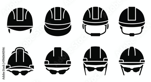 A collection of black silhouette icons depicting various styles of hard hats, commonly used in construction and industrial safety settings, Hard Hat, Collection, Industrial, Gear, Hats, Icon, Used