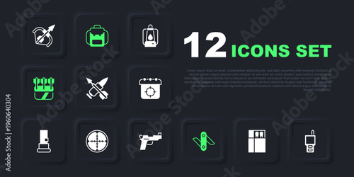 Set Open matchbox and matches, Walkie talkie, Crossed bullet with arrow, Swiss army knife, Quiver arrows, Sniper optical sight, Hiking backpack and Pistol or gun icon. Vector