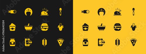 Set Spoon, Food ordering mobile, Burger, Hotdog, Mortar and pestle, Roasted turkey chicken, Salami sausage and Fish steak icon. Vector