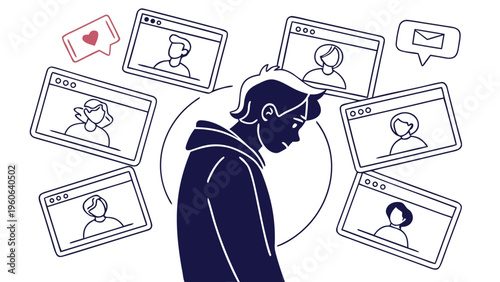 Person surrounded by social media profiles and icons feeling overwhelmed or stressed in a digital age