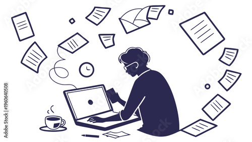 Freelancer working on laptop with documents and coffee surrounded by paperwork and deadlines