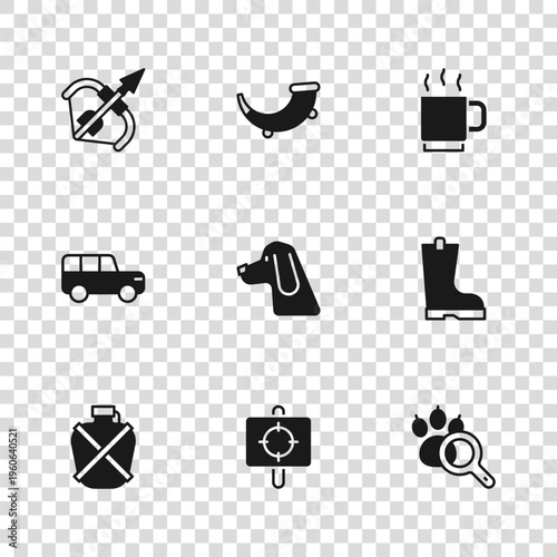 Set Target sport, Waterproof rubber boot, Paw search, Hunting dog, Coffee cup, Medieval bow and arrow, horn and Safari car icon. Vector
