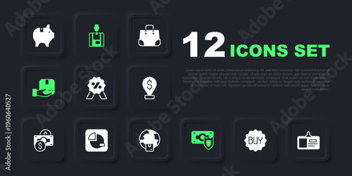 Set Buy button, Identification badge, Discount percent tag, Money with shield, Delivery hand box, Pie chart infographic, Seller and Worldwide shipping icon. Vector
