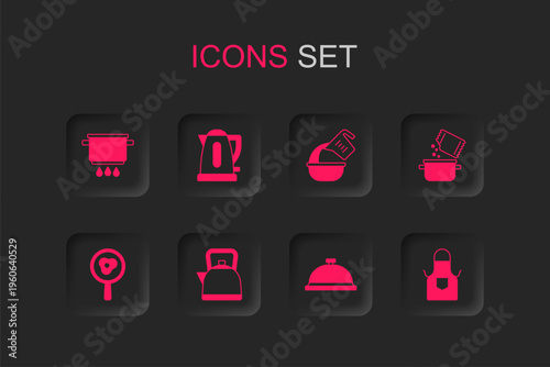 Set Kettle with handle, Electric kettle, Cooking pot on fire, Covered tray of food, spice, Kitchen apron, Measuring cup bowl and Fried eggs frying pan icon. Vector
