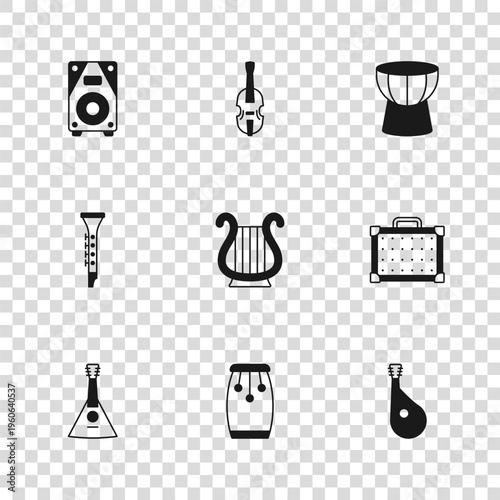 Set Conga drums, Guitar amplifier, Bandura, Ancient Greek lyre, African darbuka, Stereo speaker, Violin and Clarinet icon. Vector