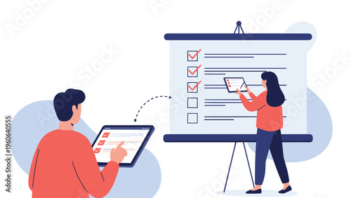 Professional team uses digital tablets and a large whiteboard to manage tasks and complete an important project checklist.