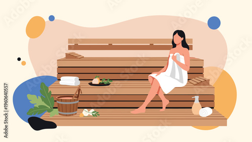Relaxed woman enjoys a quiet moment in a warm wooden sauna room with spa products and accessories for health and wellness.