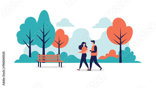 Young couple enjoys a peaceful walk through a beautiful park with colorful trees and a wooden bench during a sunny day.