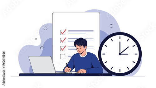 Young professional manages his daily tasks efficiently by checking off items on a large to-do list while working on a laptop.