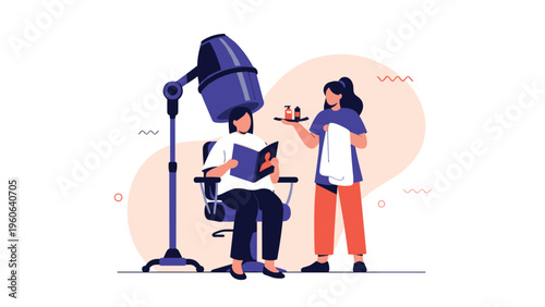 Woman getting her hair dried under a professional hair dryer at a salon while a stylist offers a drink and a magazine.