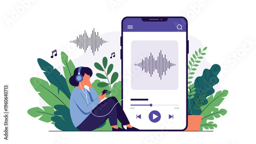 Young woman sitting comfortably on the ground while listening to her favorite music through headphones using a smartphone.