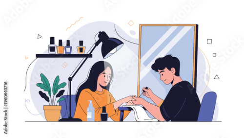 Skilled nail artist performing a manicure for a client at a beauty salon desk with specialized tools and nail polishes.