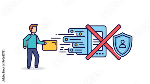 Cybersecurity concept illustrating identity theft protection with a man trying to access a smartphone blocked by a shield.