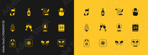 Set Christmas snowman, Snowflake, tree, Gift bow, Glass of champagne, Envelope, stocking and Champagne bottle icon. Vector