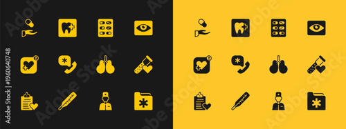 Set Red eye effect, Medical thermometer, Lungs, Male doctor, Emergency call 911, Pills in blister pack, prescription and Dental clinic location icon. Vector