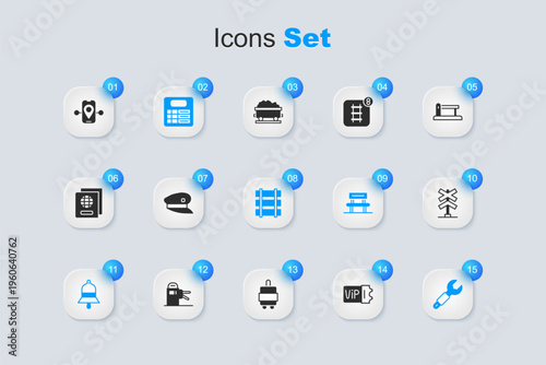 Set Train ticket, driver hat, station board, bell, Wrench spanner, Railroad crossing, Route location and Railway, railroad track icon. Vector