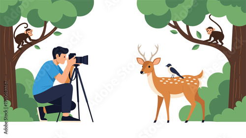 Professional nature photographer taking a picture of a deer in a lush forest with monkeys and birds in their natural habitat.