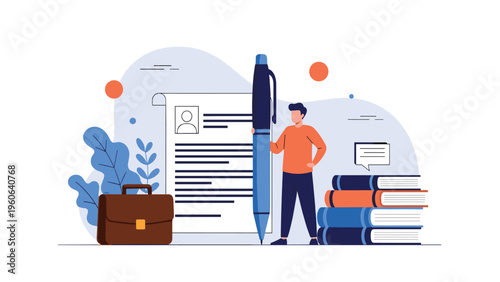 Professional recruiter reviewing a candidate resume next to a giant pen and stacks of books for a hiring process.