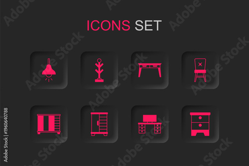 Set Wardrobe, Coat stand, Lamp hanging, Office desk, Chair, Furniture nightstand, and icon. Vector