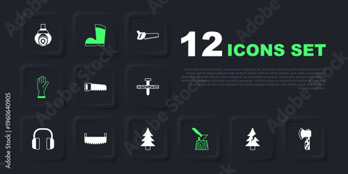 Set Tree, Wooden axe, Hand saw, in stump, Protective gloves, Two-handed, Waterproof rubber boot and icon. Vector