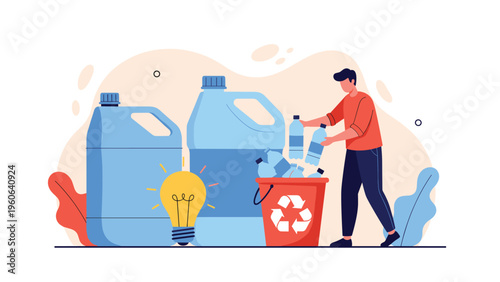 Environmentally conscious man puts plastic bottles into a recycling bin near giant containers and a light bulb symbol of ideas.