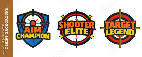 Aim champion shield emblem, shooter elite target logo, target legend badge design set.