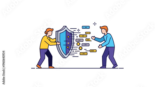 Team of security professionals holds a large shield to protect incoming data packets and digital blocks from cyber threats.