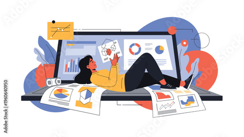 Data analyst woman lies down while reviewing various printed business reports and charts against a giant digital monitor.