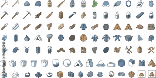 Camping and survival equipment icons collection flat vector illustration outdoor gear tools supplies clothing and essentials set isolated