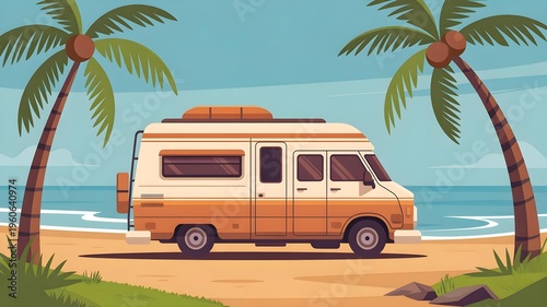 Flat vector illustration of a camper van parked by a tropical beach with palm trees and ocean view. Warm colors and clean design create a relaxing travel and summer vibe.