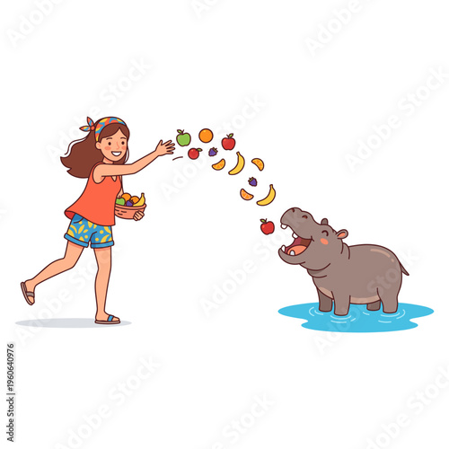 A young girl feeding a hungry hippopotamus various fruits on a sunny day outdoors.