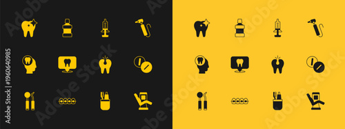 Set Tooth drill, Teeth with braces, Broken tooth, Toothbrush and toothpaste, Dental clinic location, Syringe, whitening and Mouthwash icon. Vector
