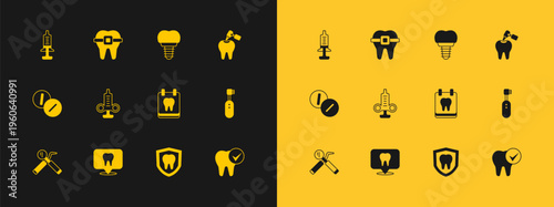 Set Tooth with caries and drill, Dental clinic location, Calendar tooth, protection, Syringe, implant, and Teeth braces icon. Vector