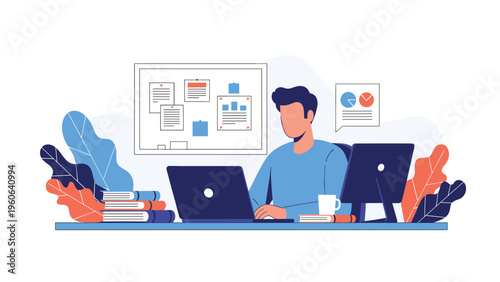 Focused man works on a laptop at his organized desk with a whiteboard of notes and charts in his home office workstation.