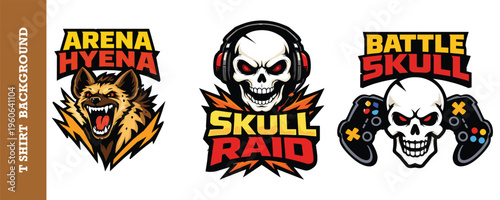 Arena hyena mascot logo for esports team, battle skull with headphones for gamer community.