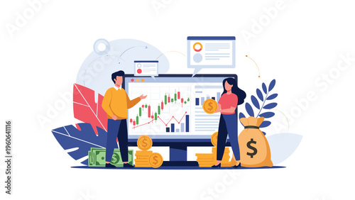 Financial analysts analyze real time stock market trends and trading charts on a giant monitor to plan their investment strategy.