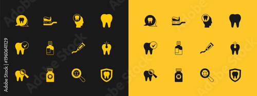 Set Tooth, Toothache painkiller tablet, Tube of toothpaste, Dental search, Mouthwash, and Toothbrush with icon. Vector