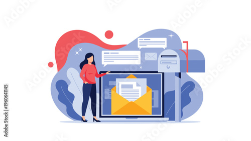 Professional woman manages a large volume of email correspondence and messages on her laptop screen next to a mailbox icon.