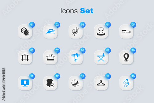 Set Hanger wardrobe, Needle bed and needles, Electric iron, Leather, Closed steel safety pin, Sewing button for clothes and Zipper icon. Vector