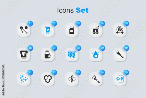 Set Beekeeping brush, Jar of honey, Cosmetic tube with, Bees, location, knife, Honey dipper stick and Honeycomb icon. Vector