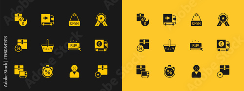 Set Stars rating, Stopwatch percent discount, Buy button, Angry customer, Shopping basket, Hanging sign with text Open, Hot price and Delivery cargo truck icon. Vector