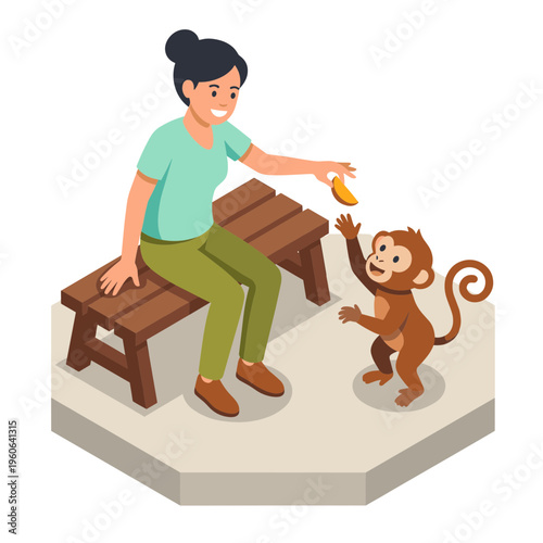 Woman feeds a monkey sitting on a bench in a park environment.