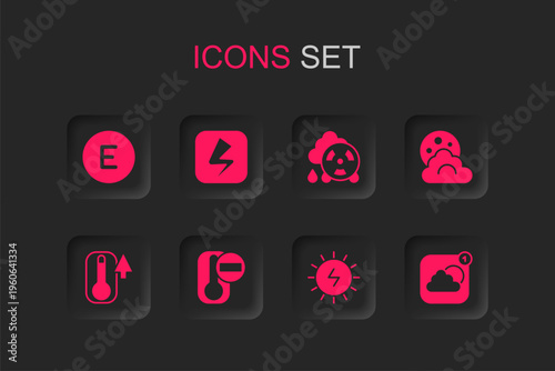 Set Thermometer, Lightning bolt, Compass west, Solar energy panel, Cloud with moon, Weather forecast app, Acid rain radioactive cloud and icon. Vector