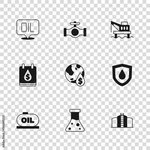 Set Oil petrol test tube, drop on shield, tank storage, with dollar symbol, platform in the sea, Word oil, pipe valve and icon. Vector