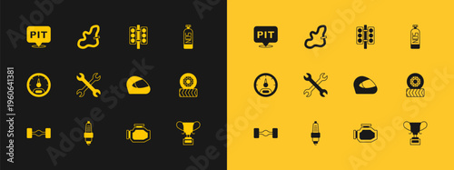 Set Nitrous oxide, Car spark plug, Racing helmet, Check engine, Wrench spanner, traffic light, Pit stop and track icon. Vector