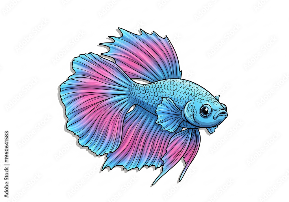 Fototapeta premium 美しい青とピンクのベタ魚イラスト、鮮やかな色彩と優雅なヒレが特徴的