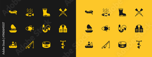 Set Crossed oars or paddles boat, Fishing rod, Worm, Canned fish, boots, Inflatable with motor and Dead icon. Vector