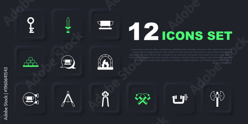 Set Clamp and screw tool, Medieval poleaxe, Blacksmith anvil, Crossed hammer, Gold bars, Air blower bellows, sword and pliers icon. Vector