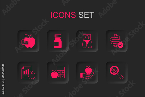 Set Calorie calculator, Vitamins, Apple and measuring tape, Intestines, GMO, Metabolism and Diet plan icon. Vector