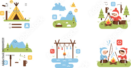 Camping and outdoor adventure icons set flat vector illustration nature activities with tent fishing hiking campfire and travel elements collection